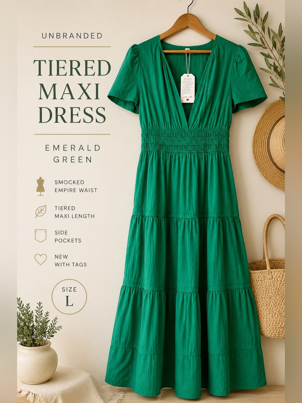 Unbranded Emerald Green Tiered Maxi Dress with Pockets Size Large